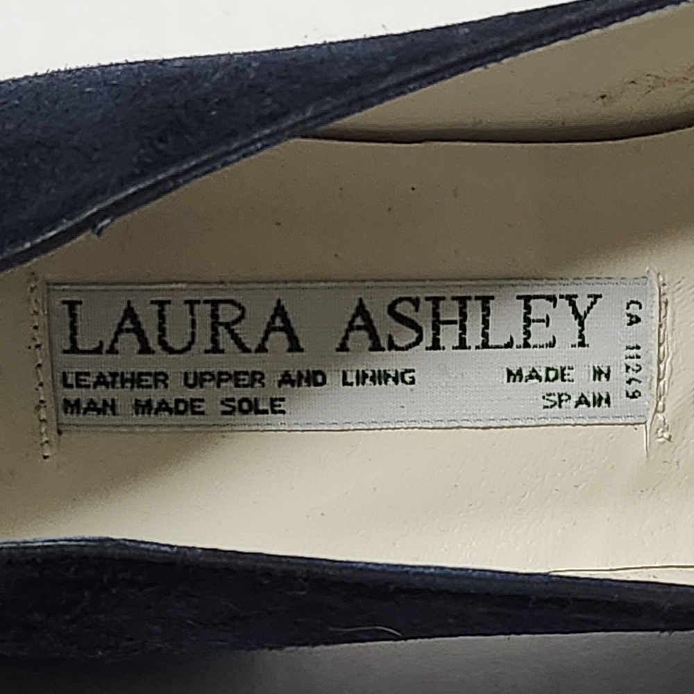 Vintage Laura Ashley Leather Blue Suede Loafers Heels Shoes 37 7 - Picture 7 of 8